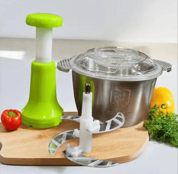 Stainless Steel Manual Food Chopper 2L – Multi-Purpose Vegetable, Fruit & Nut Cutter with Hand Push Blades (Random Color)